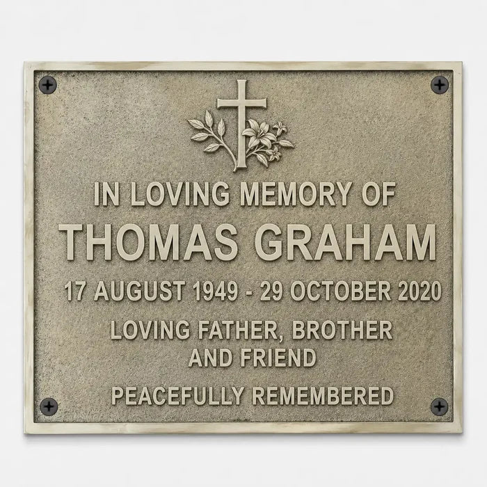 Outdoor custom memorial plaque with engraved name, dates, and heartfelt message