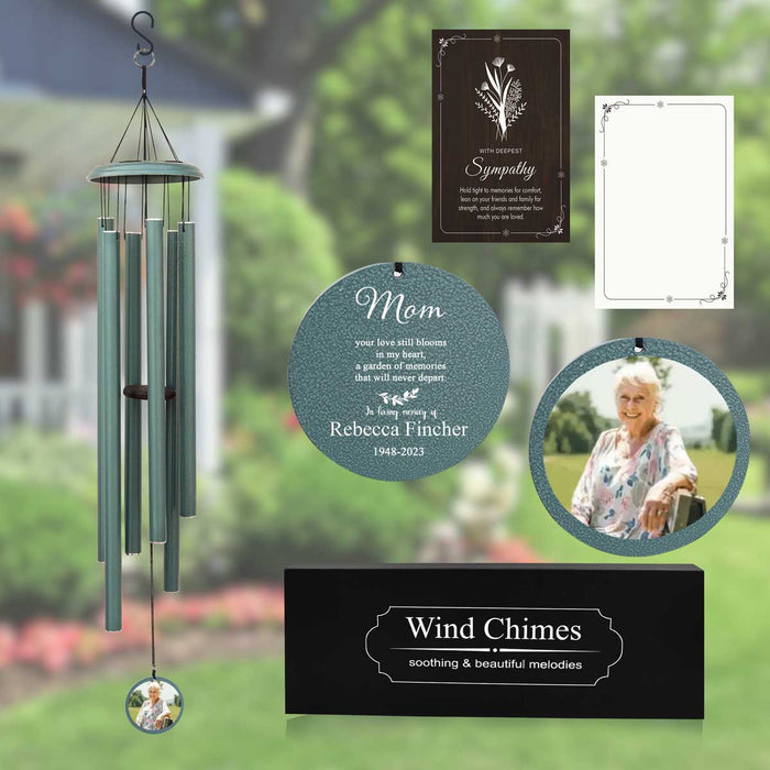 Turkish Green Memorial Wind Chime with Photo & Custom Engraving for Loss of Mother