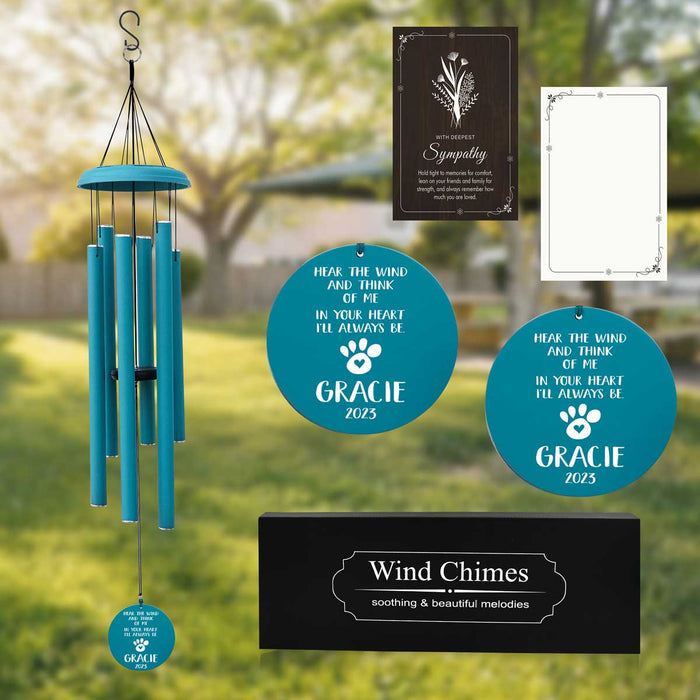 LIght Blue Memorial Wind Chime for Pet with Personalized Engraving and Sympathy Card