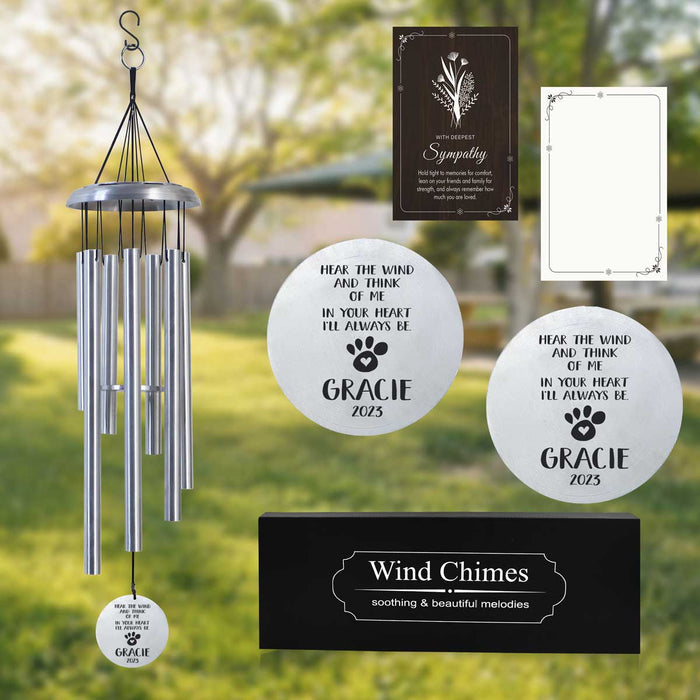 Silver Memorial Wind Chime for Pet with Personalized Engraving and Sympathy Card