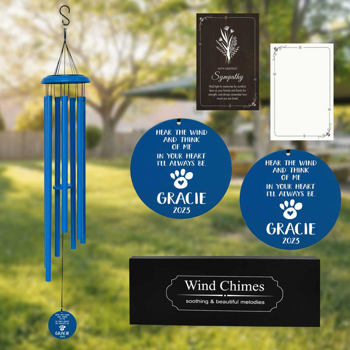 Dark Blue Memorial Wind Chime for Pet with Personalized Engraving and Sympathy Card