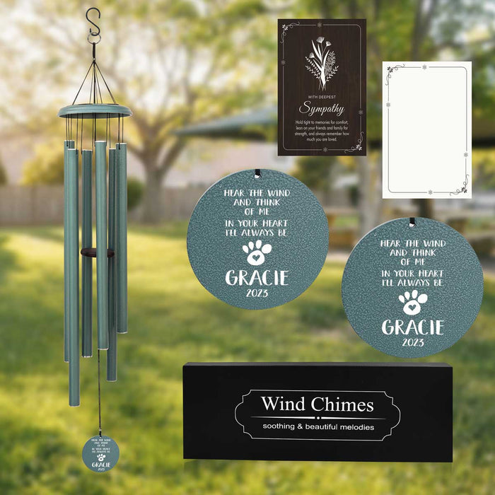 Turkish Green Memorial Wind Chime for Pet with Personalized Engraving and Sympathy Card