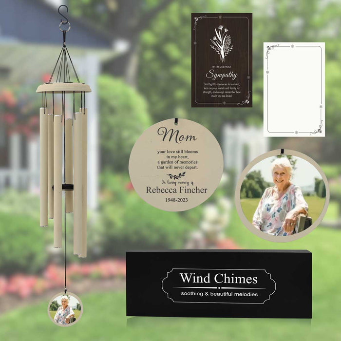 Off-White Memorial Wind Chime with Photo & Custom Engraving for Loss of Mother