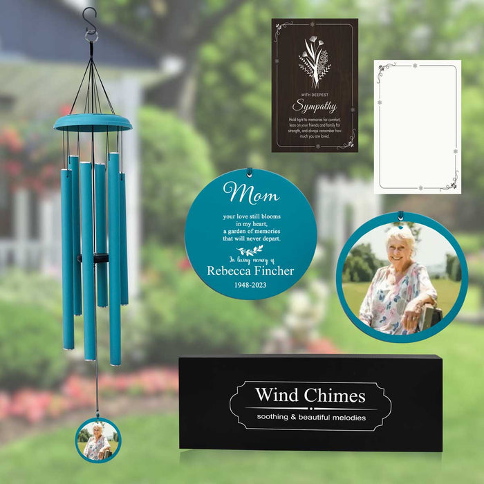 Light-Blue Memorial Wind Chime with Photo & Custom Engraving for Loss of Mother