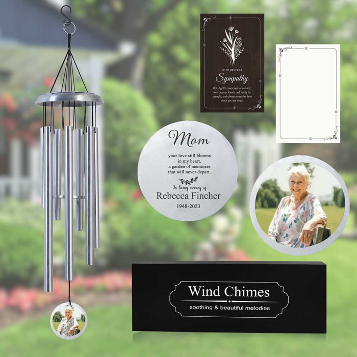 Silver Memorial Wind Chime with Photo & Custom Engraving for Loss of Mother
