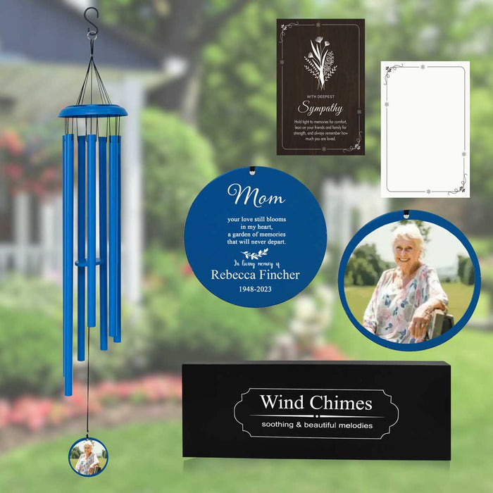 Blue Memorial Wind Chime with Photo & Custom Engraving for Loss of Mother