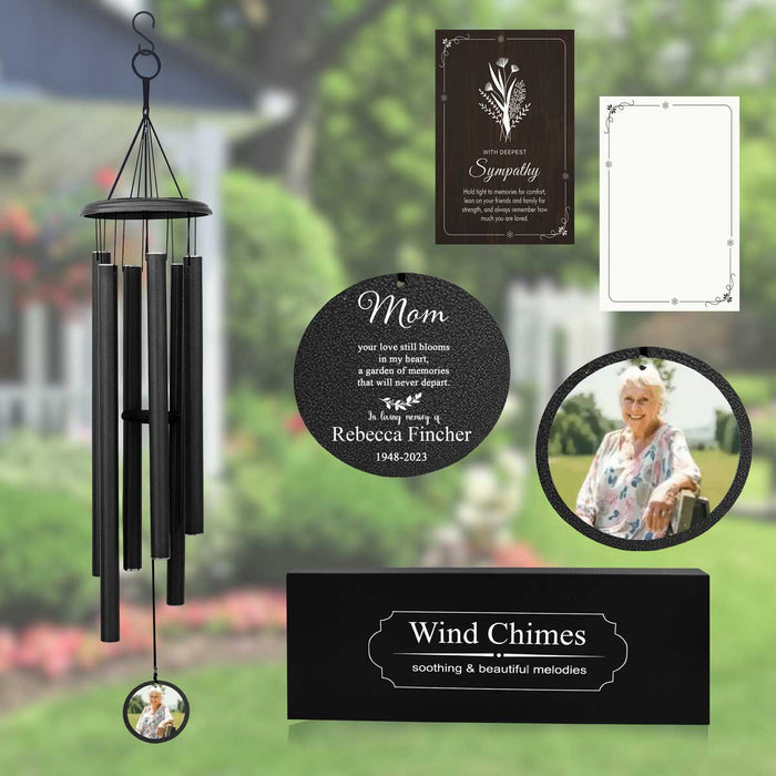 Black Memorial Wind Chime with Photo & Custom Engraving for Loss of Mother