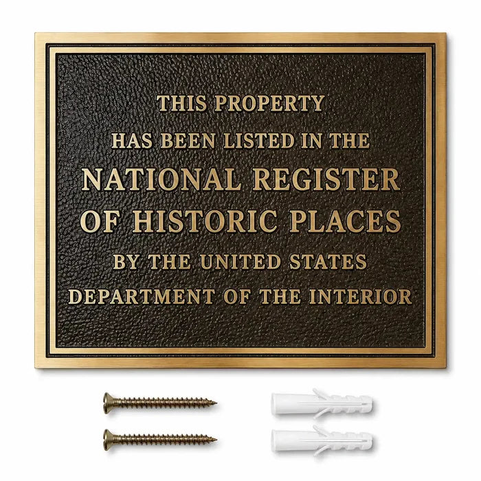 Brass house name plaque shown with two screws and two anchors included in the mounting hardware set.