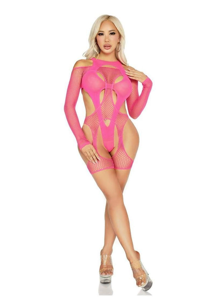 Off-The-Shoulder Fishnet Garter Harness and Layered Opaque Cut-Out Teddy