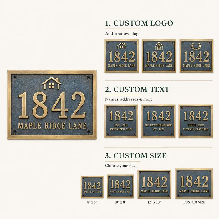 Custom oil-rubbed bronze address plate infographic featuring raised lettering, durable finish and wall-mounting information.