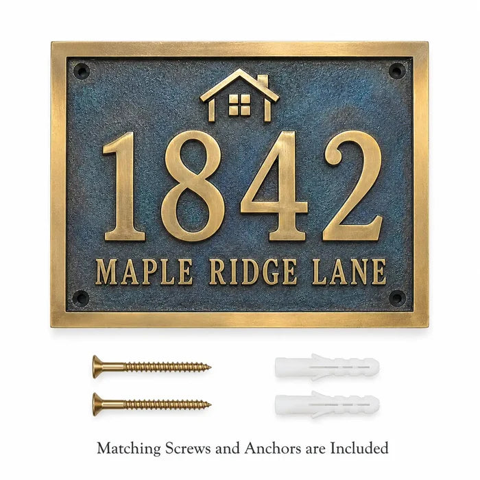 Oil-Rubbed Bronze House Number Plaque displayed with mounting screws and wall anchors for installation.