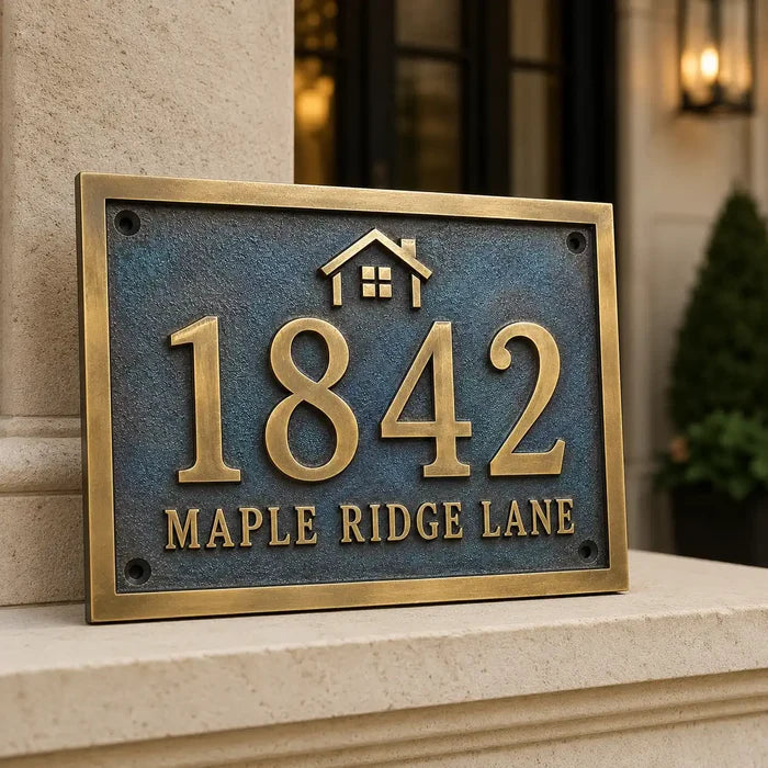 Custom bronze finish house number plaque with personalized engraving