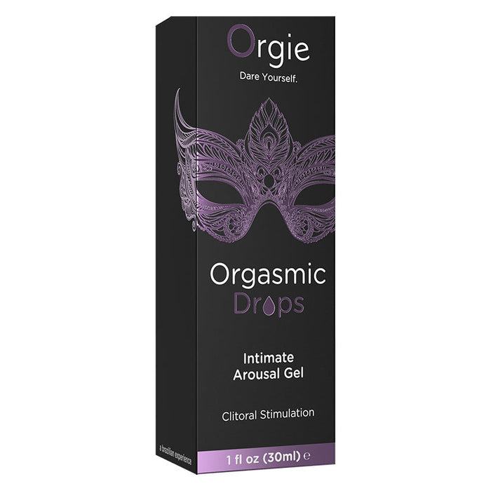 Box of Orgasmic Drops intimate arousal gel with a decorative mask design on a black background.