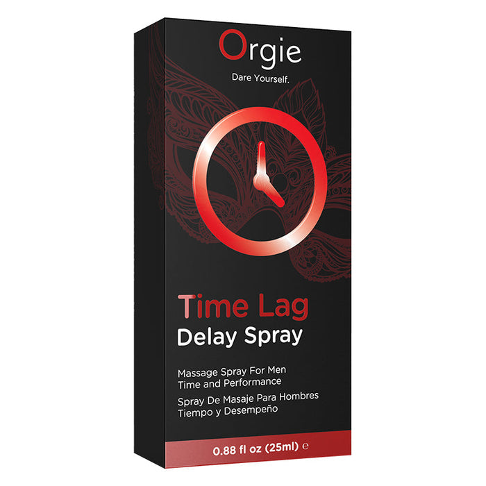 Box of Orgie Time Lag Delay Spray on a white background