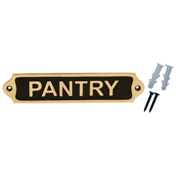 Pantry door sign in brass with mounting hardware