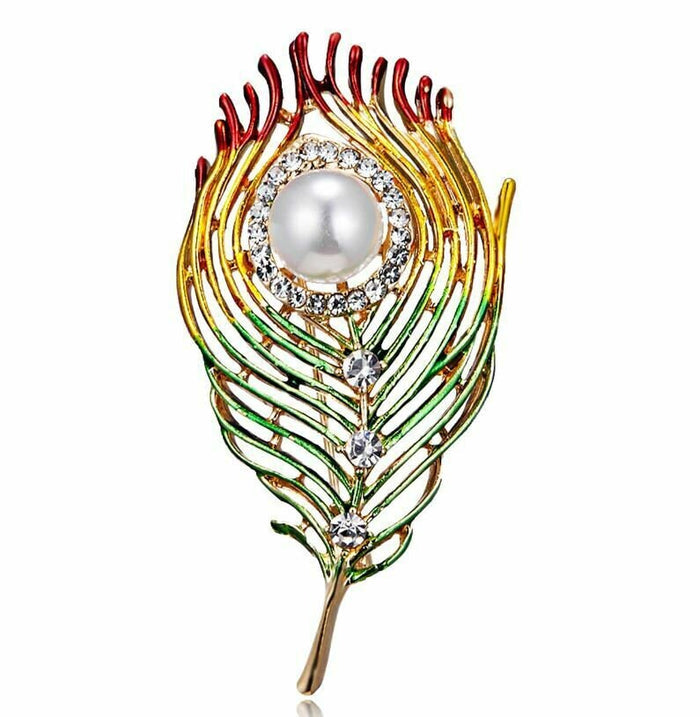 Peacock Feather Brooch Gold Plated with Faux Pearl Rhinestone Vintage Look Pin
