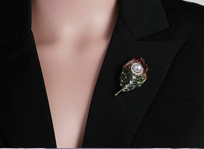 Peacock Feather Brooch Gold Plated with Faux Pearl Rhinestone Vintage Look Pin