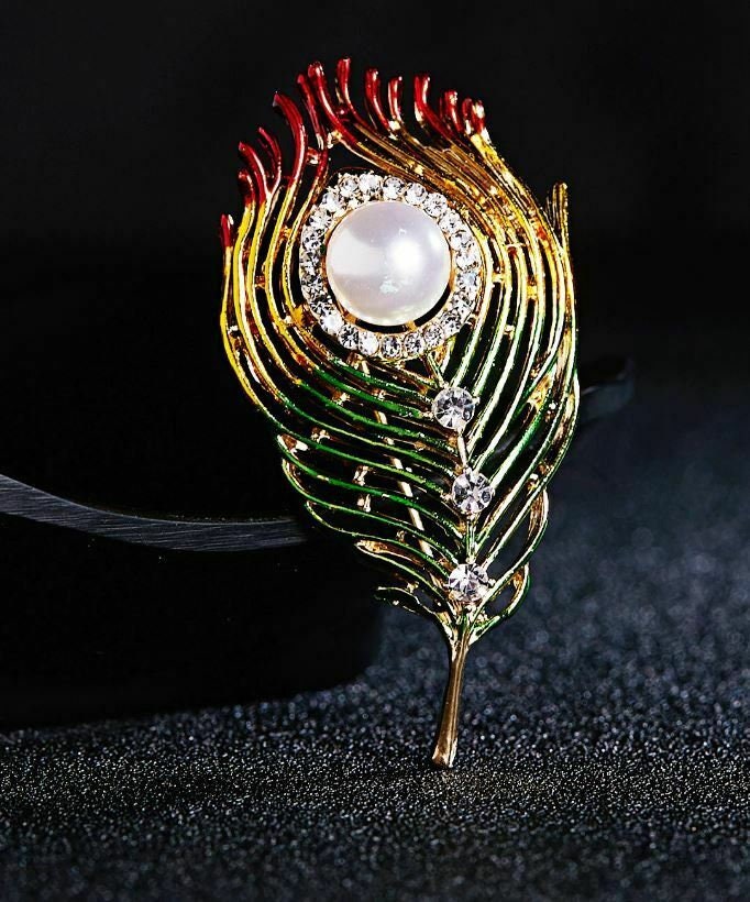 Peacock Feather Brooch Gold Plated with Faux Pearl Rhinestone Vintage Look Pin