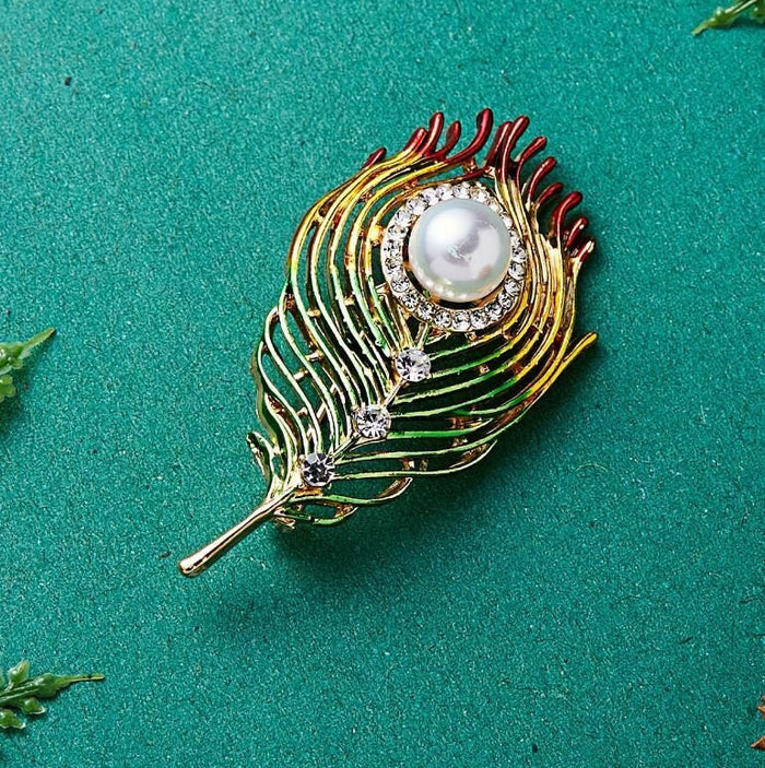 Peacock Feather Brooch Gold Plated with Faux Pearl Rhinestone Vintage Look Pin