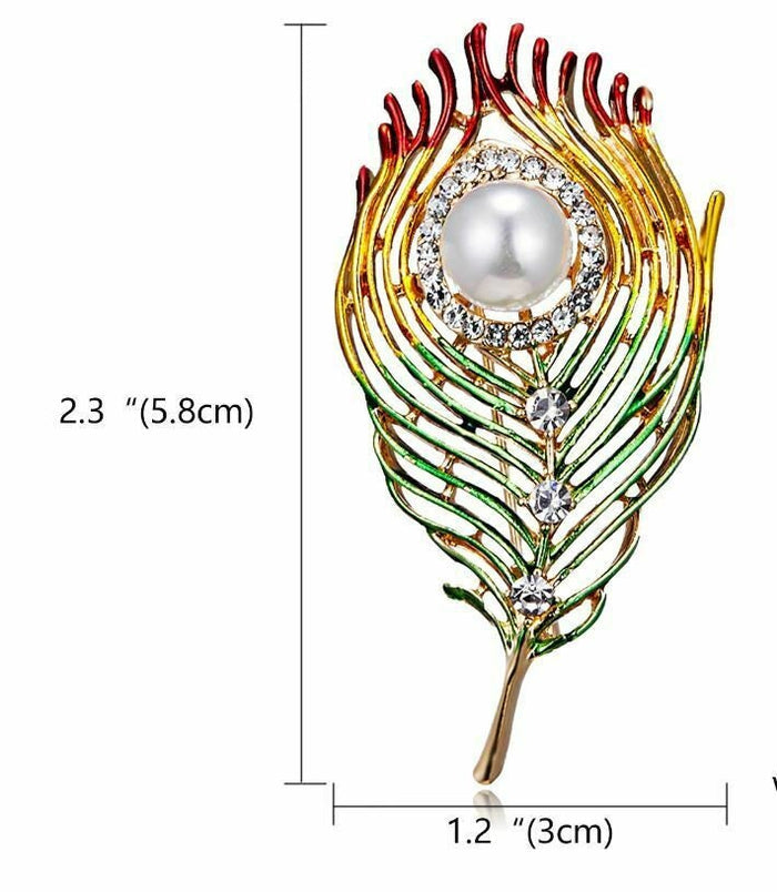 Peacock Feather Brooch Gold Plated with Faux Pearl Rhinestone Vintage Look Pin
