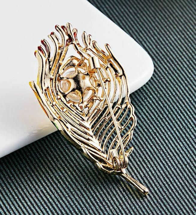 Peacock Feather Brooch Gold Plated with Faux Pearl Rhinestone Vintage Look Pin