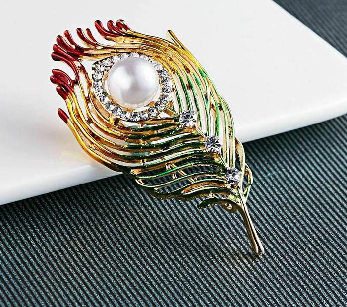 Peacock Feather Brooch Gold Plated with Faux Pearl Rhinestone Vintage Look Pin