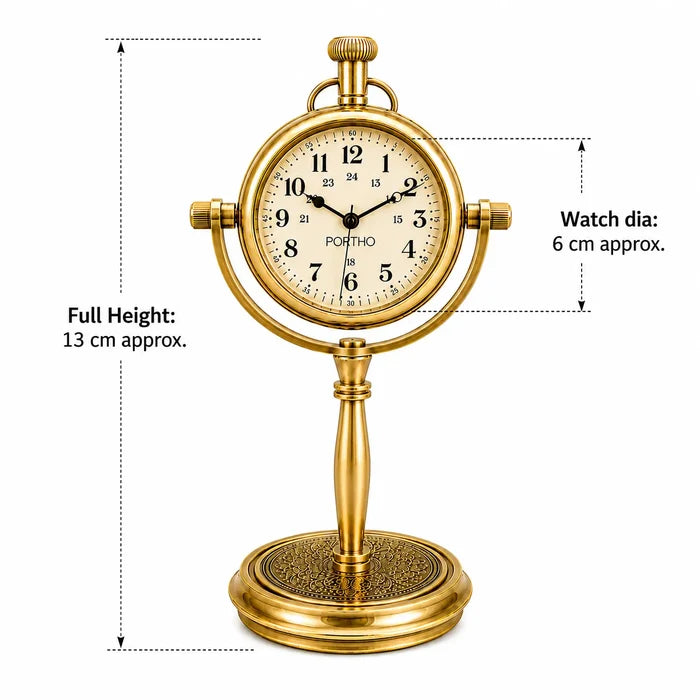 A gold-finished tabletop clock styled like a pocket watch, shown with dimension callouts indicating a full height of 13 cm and a watch face diameter of 6 cm. The clock has a round cream dial with black numerals and hands, mounted on a decorative stand against a white background.