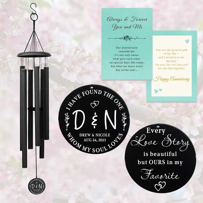 Black Personalized Anniversary Wind Chime with custom engraving and gift card