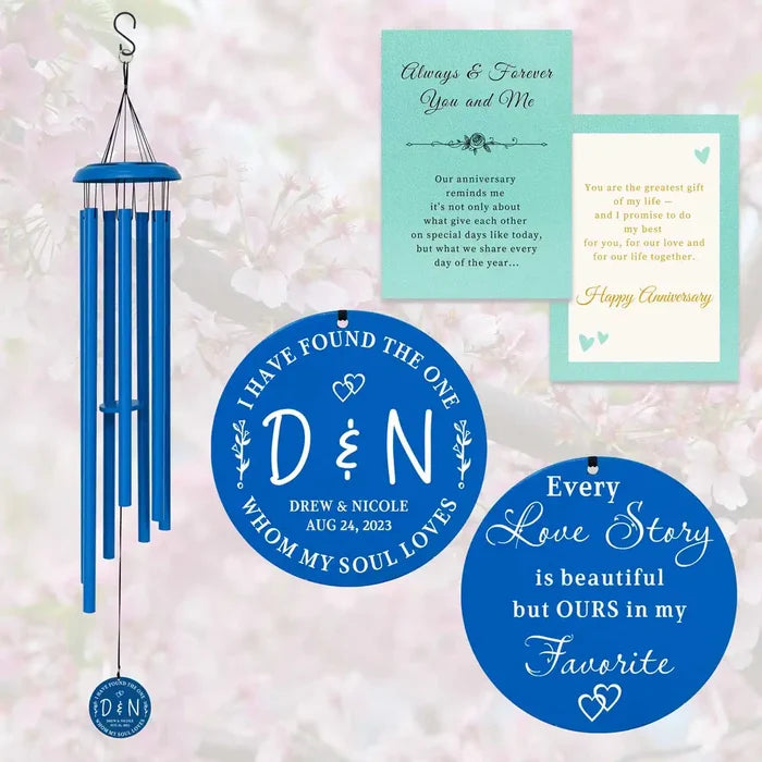 Dark Blue Personalized Anniversary Wind Chime with custom engraving and gift card