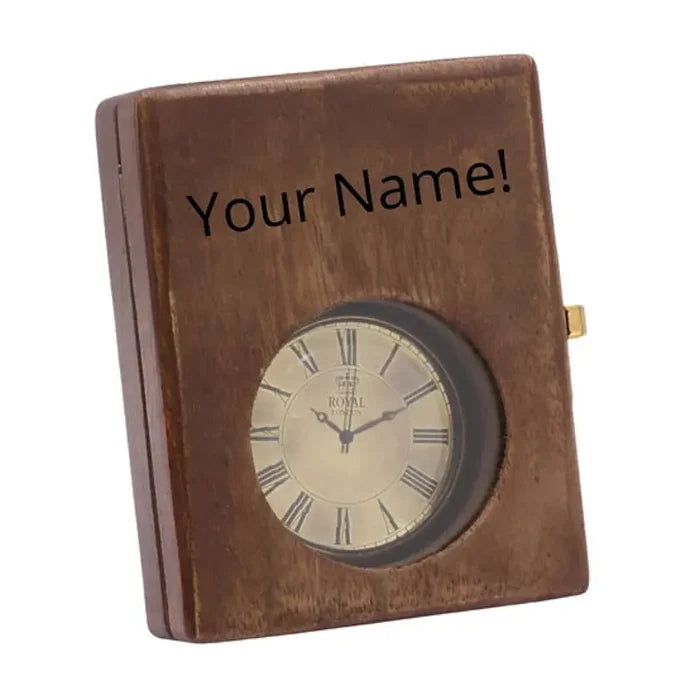Personalized brass pocket watch with custom wooden box