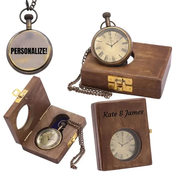 Brass pocket watch inside wooden box