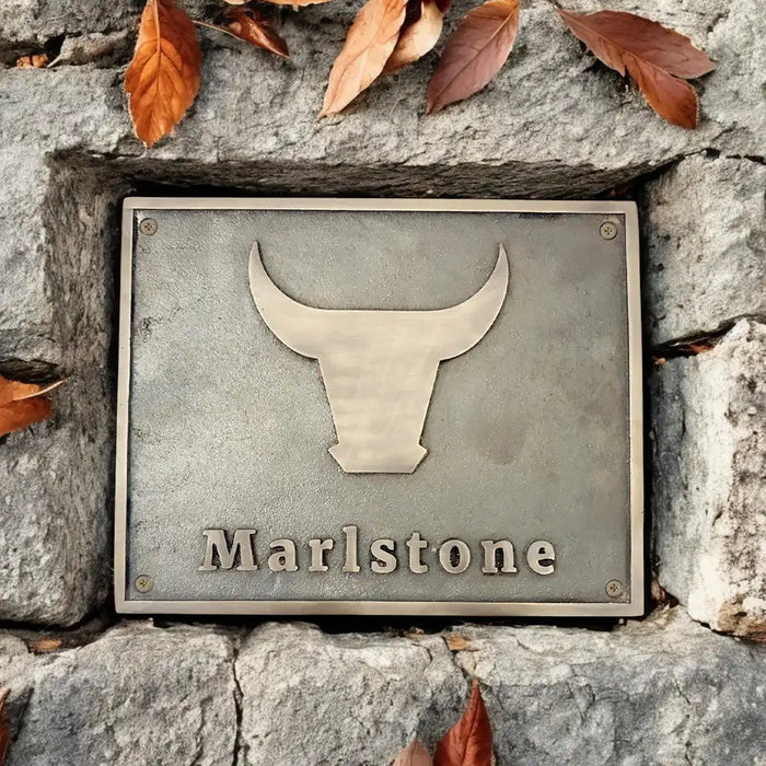 Vintage decorative bronze plaque, bronze plaque with name and logo