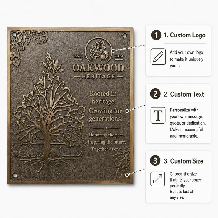 Personalized Cast Bronze Plaque infographic featuring raised details, available dimensions and mounting methods.