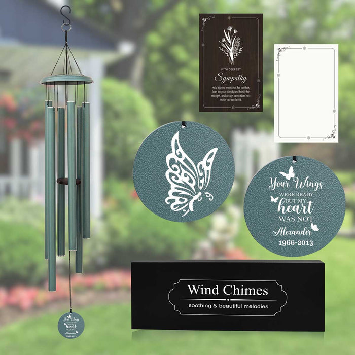 Butterfly wind chime hanging near porch with gentle breeze