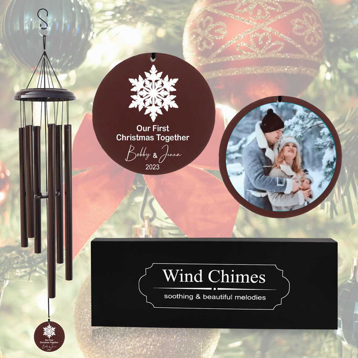 Personalized Christmas Wind Chime with custom photo and engraved message in brown color