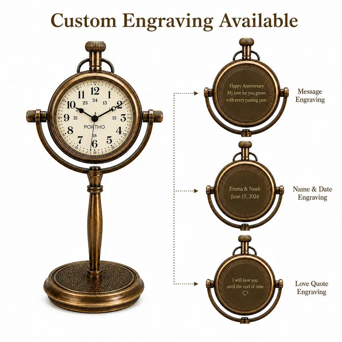 Custom engraving options infographic desk clock