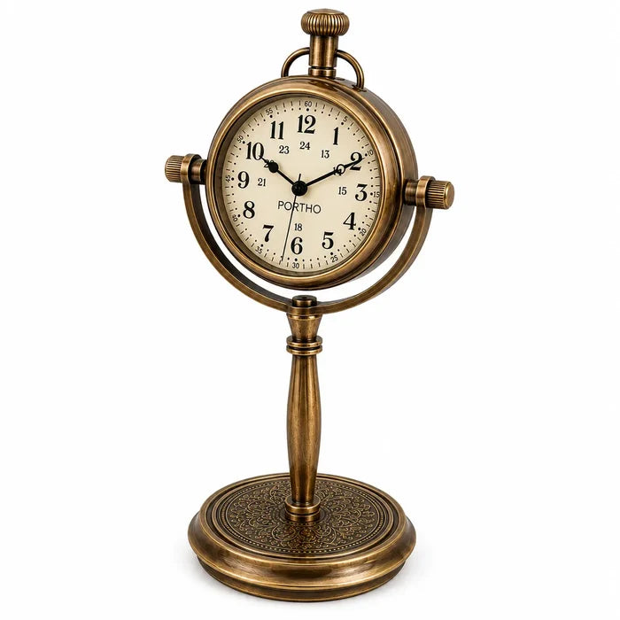 Angled view of antique desk clock