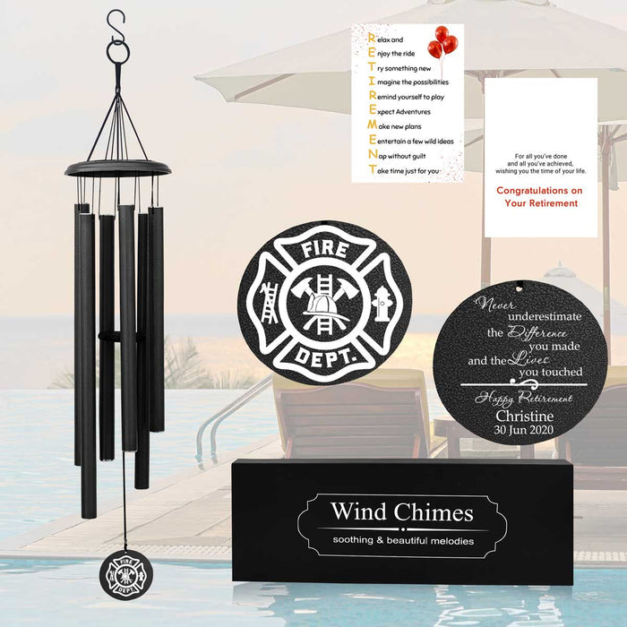 A black Personalized firefighter retirement wind chime with silver accents, featuring a customizable engraving tag,