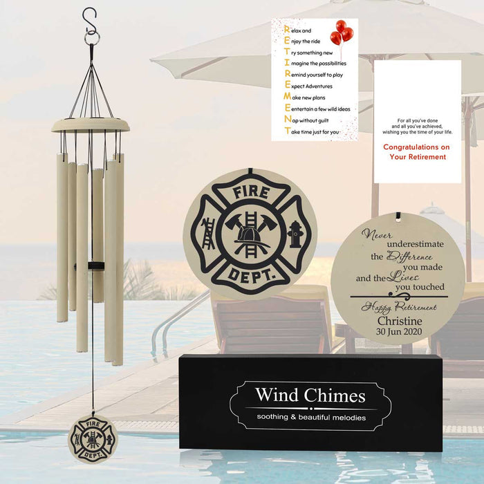 Off-white-colored firefighter wind chime with engraved name and date