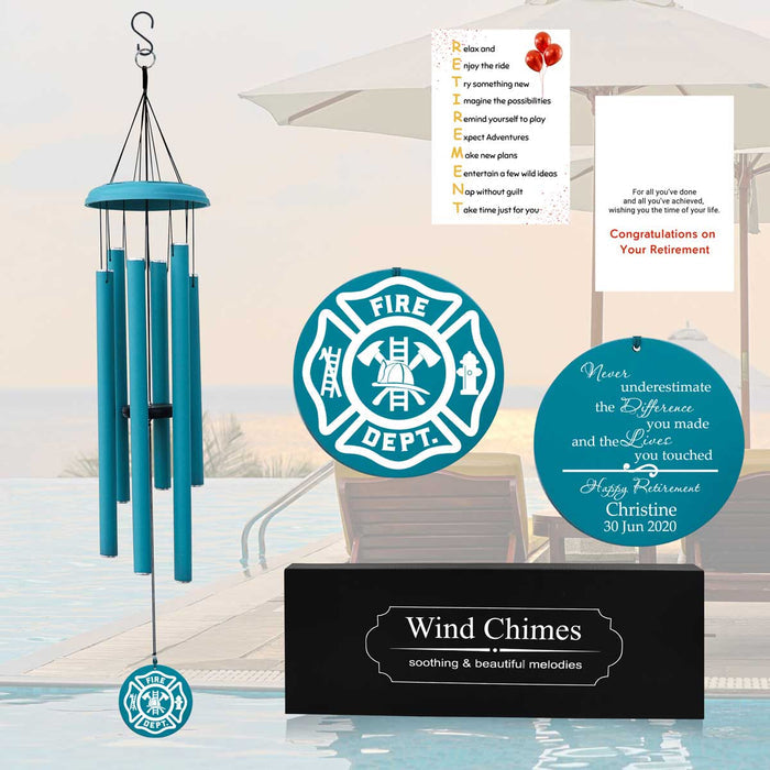 Light blue-colored personalized firefighter wind chime with engraving