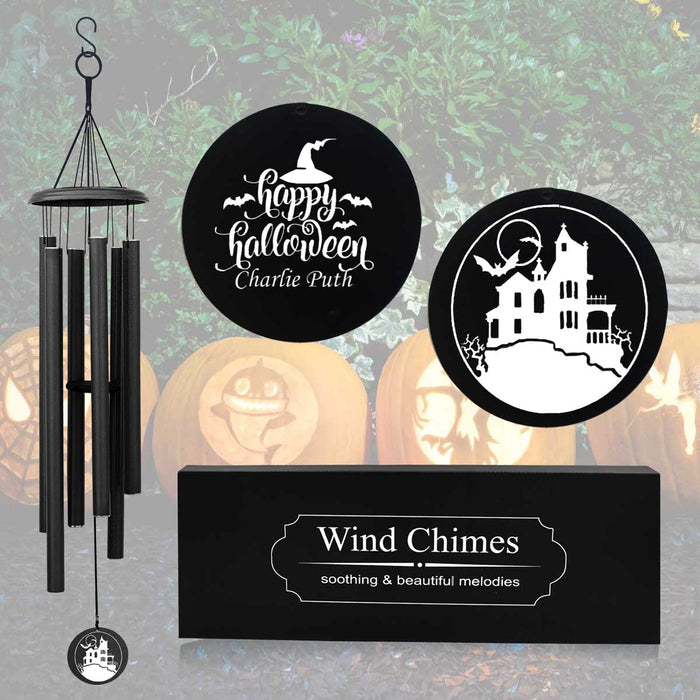 Black-colored Personalized Halloween wind chime with haunted house design