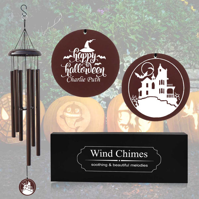 Brown-Colored Personalized Halloween wind chime with haunted house design