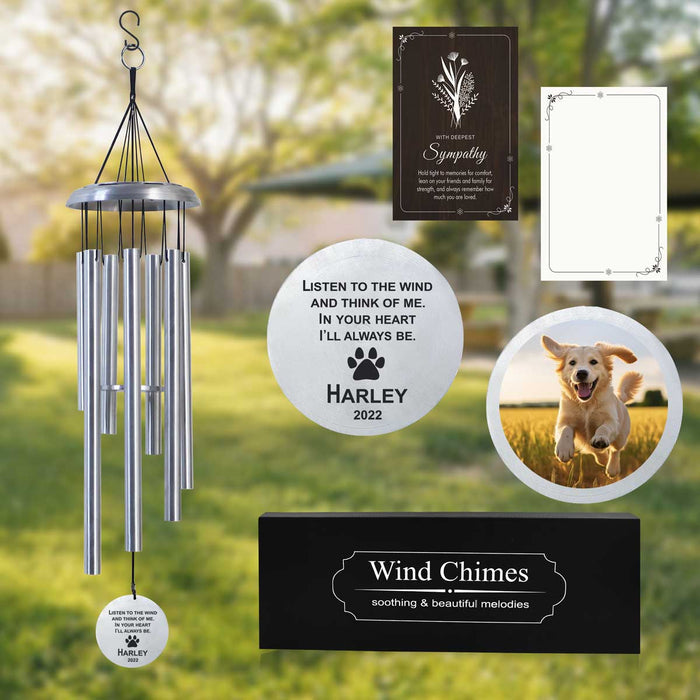 Silver Pet Memorial Wind Chime with Picture & Custom Engraving