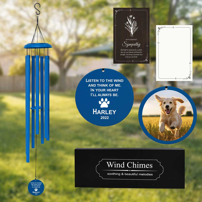 Blue Pet Memorial Wind Chime with Picture & Custom Engraving
