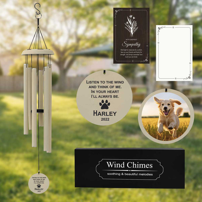 Off-White Pet Memorial Wind Chime with Picture & Custom Engraving