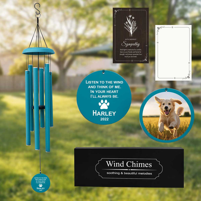 Light Blue Pet Memorial Wind Chime with Picture & Custom Engraving