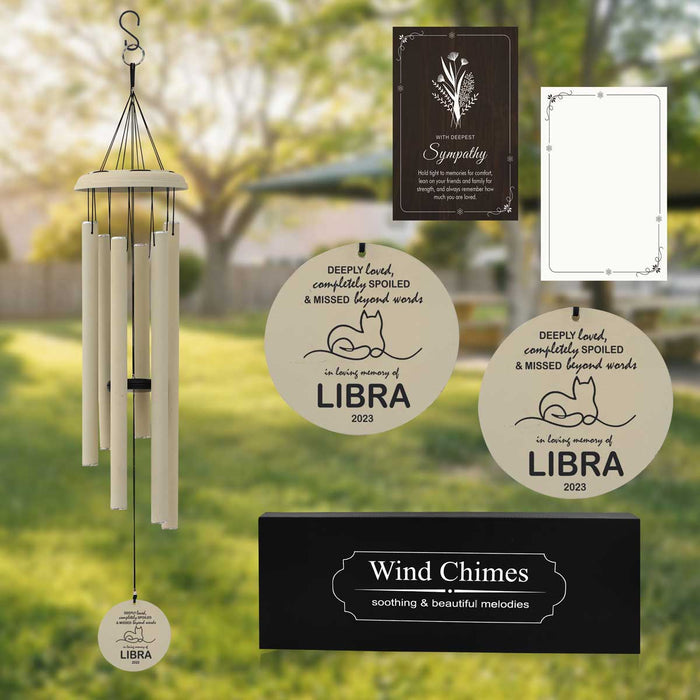 Off-White Personalized Pet Memorial Wind Chime with custom engraving and sympathy card