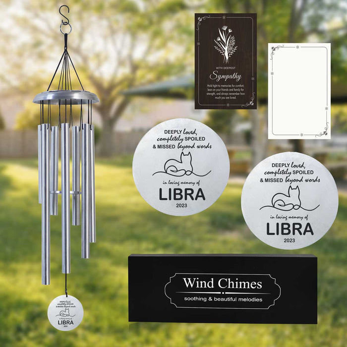 Silver Personalized Pet Memorial Wind Chime with custom engraving and sympathy card