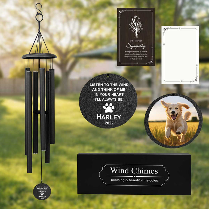 Black Pet Memorial Wind Chime with Picture & Custom Engraving