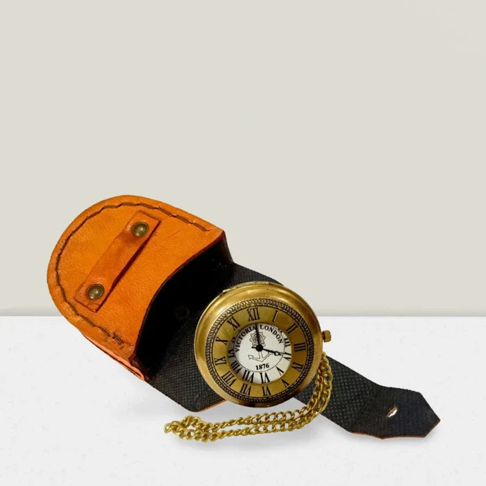 Vintage brass pocket watch with chain and engraving